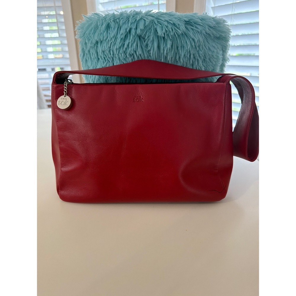 The Sak Red Pure Leather Shoulder Bag Zip Top Hobo Purse with Logo Charm